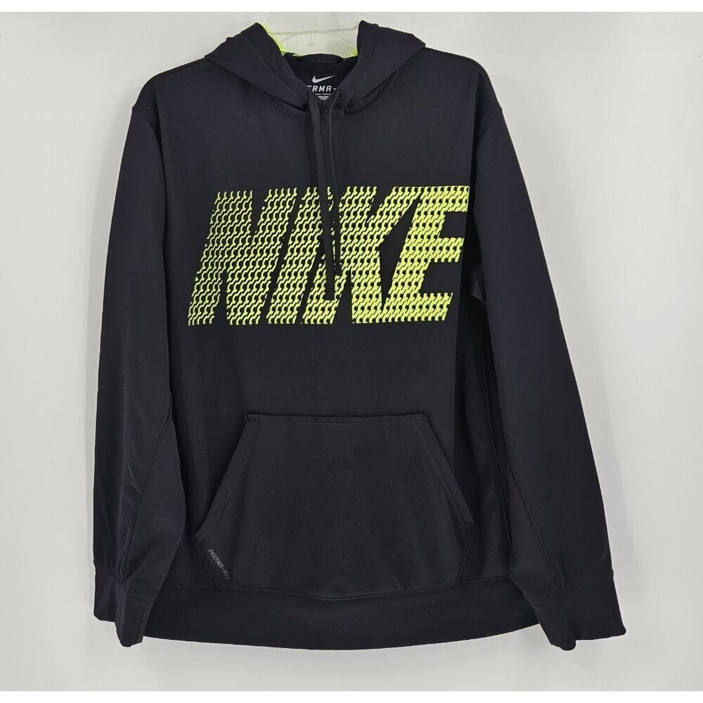 Nike Hoodie Therma Fit Fleece Black Green Long Sleeve Athletic Pullover Men L